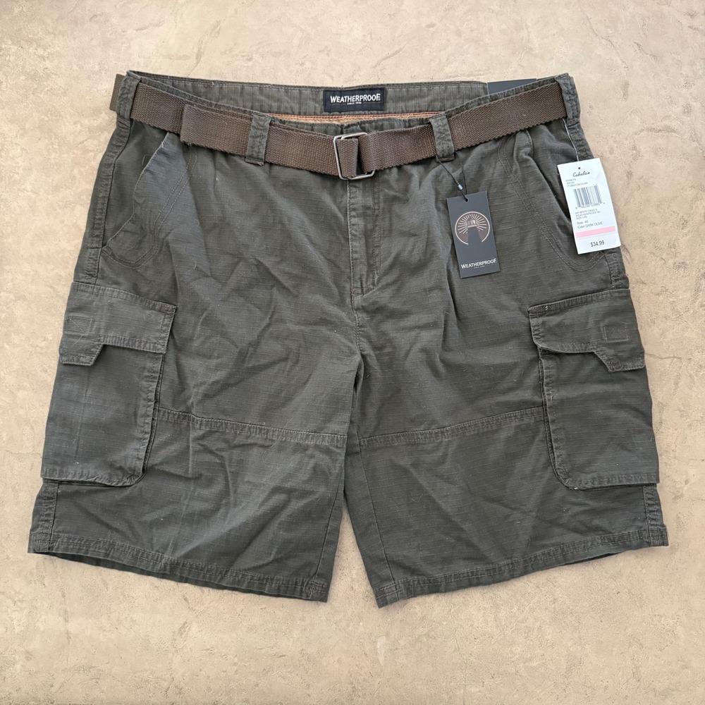 WEATHERPROOF Mens Cargo Shorts Size 40 Dark‎ Olive Belted Utility Workwear